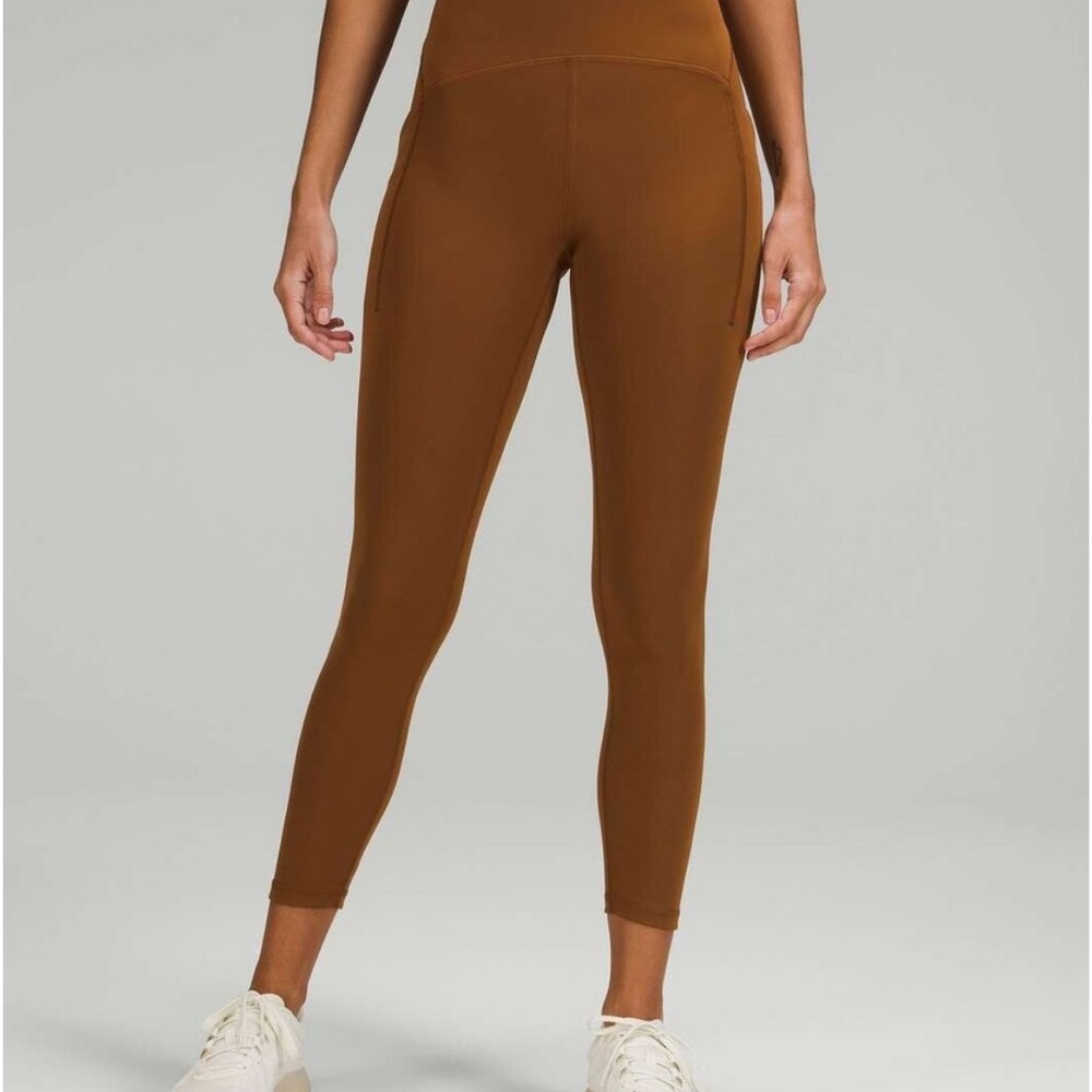 LULULEMON POWER THRU HIGH RISE TIGHT 25 COPPER BROWN SZ 4 SIDE POCKET EUC